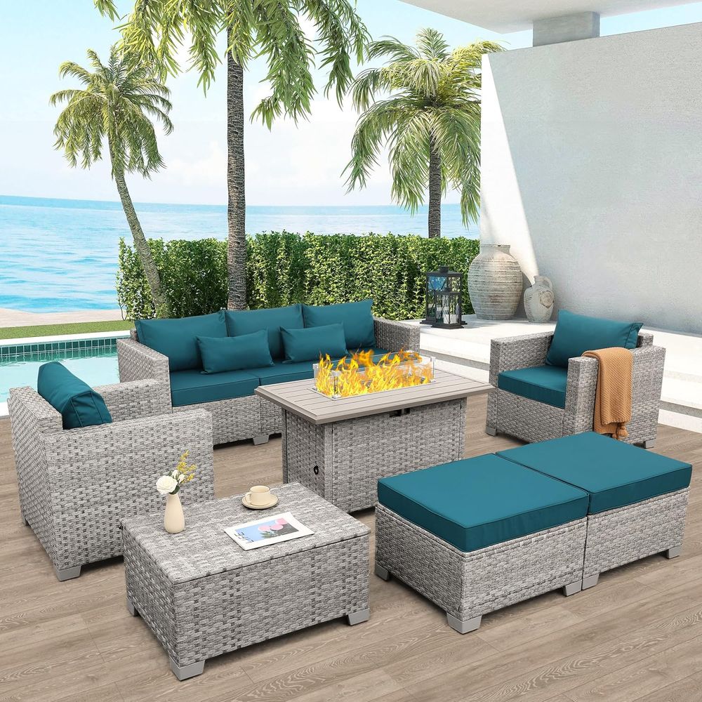 Outdoor Furniture Fire Pit Set - 6-Piece Grey Wicker Outdoor Patio Furniture