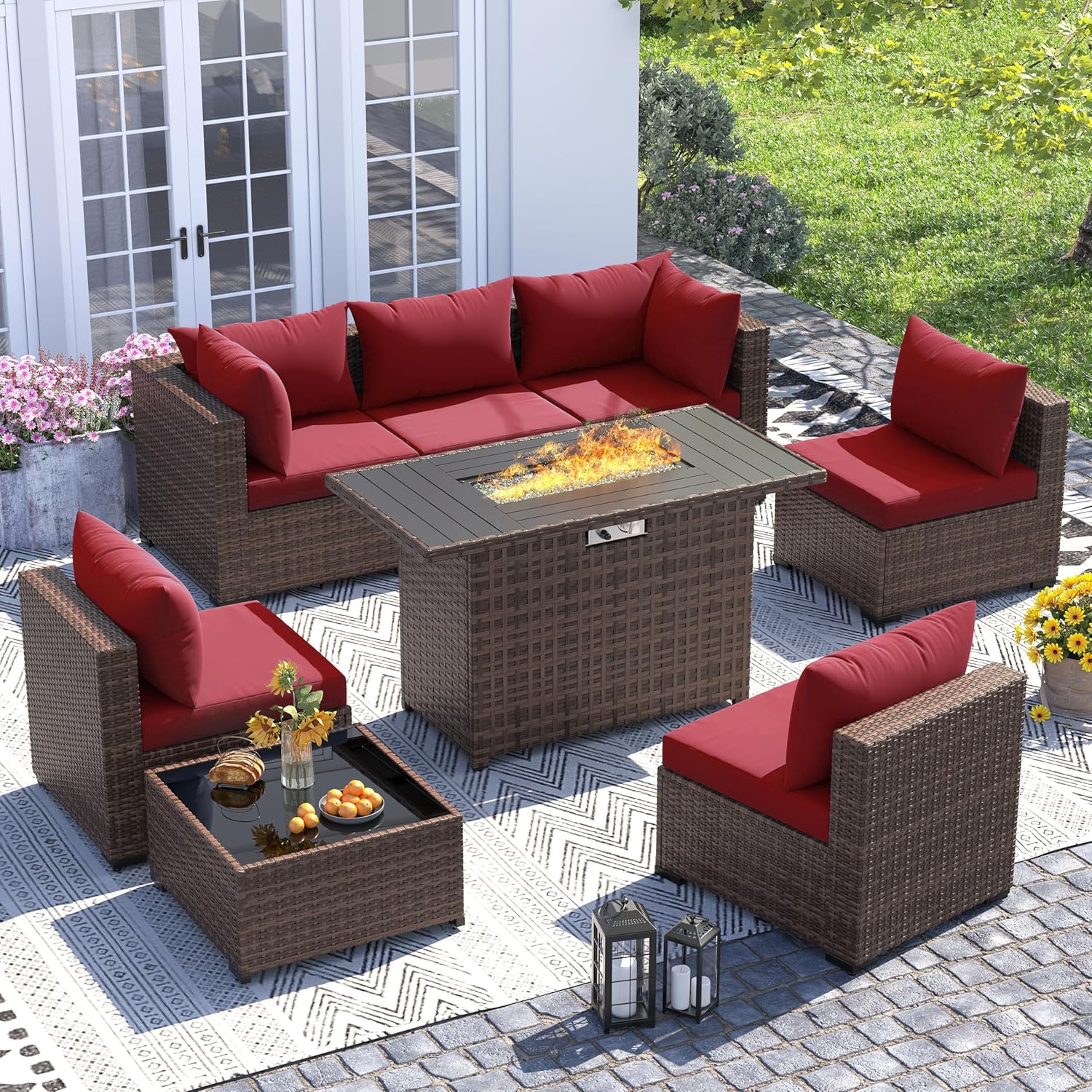 Outdoor Furniture Fire Pit Set - 8pc All-Weather Wicker Sectional Sofa &