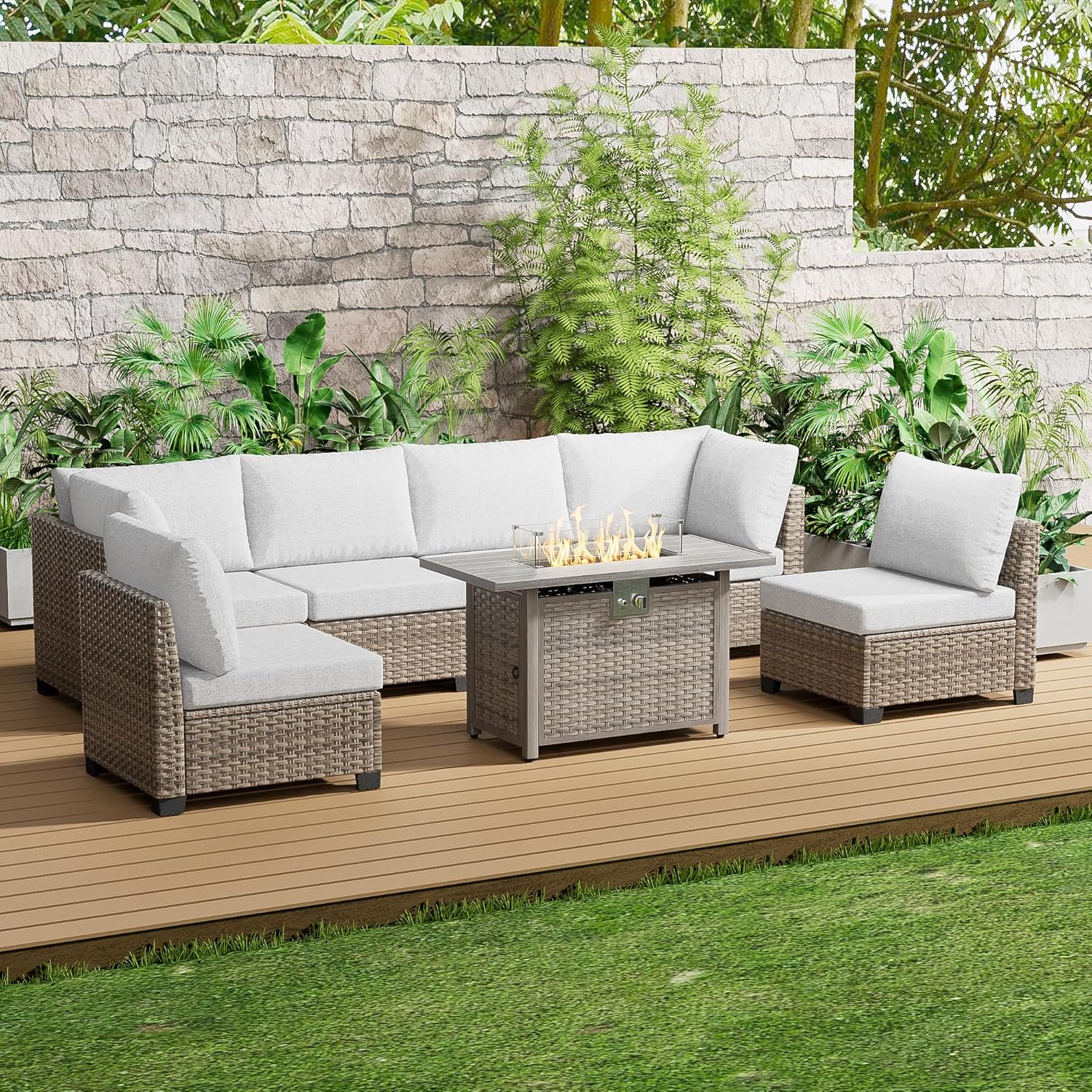 Outdoor Furniture Fire Pit Set - 7 Piece Outdoor Sectional Sofa Set