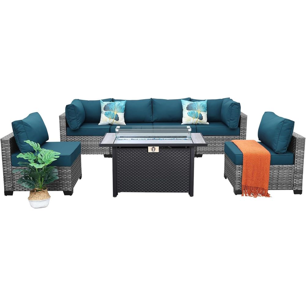 Outdoor Furniture Fire Pit Set - 7-Piece Outdoor Wicker Patio Furniture Set