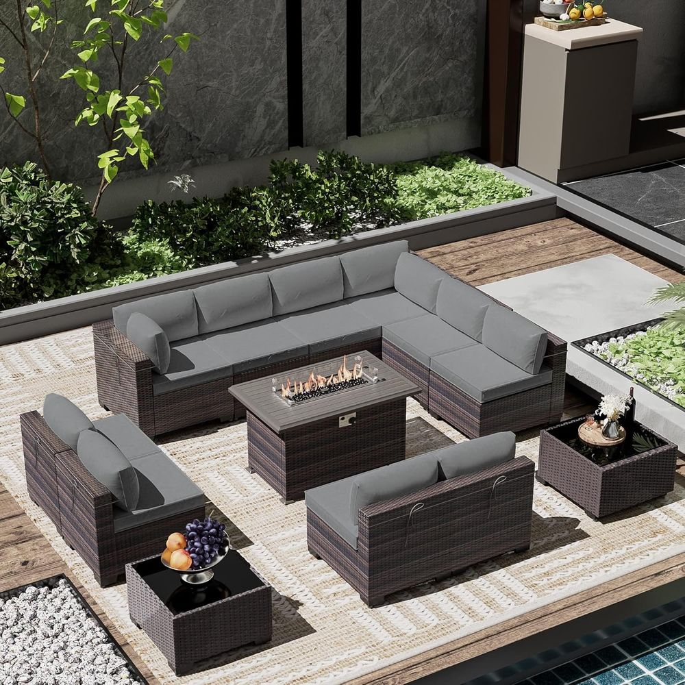 Outdoor Furniture Fire Pit Set - 13-Piece Outdoor Sectional Patio Furniture Set