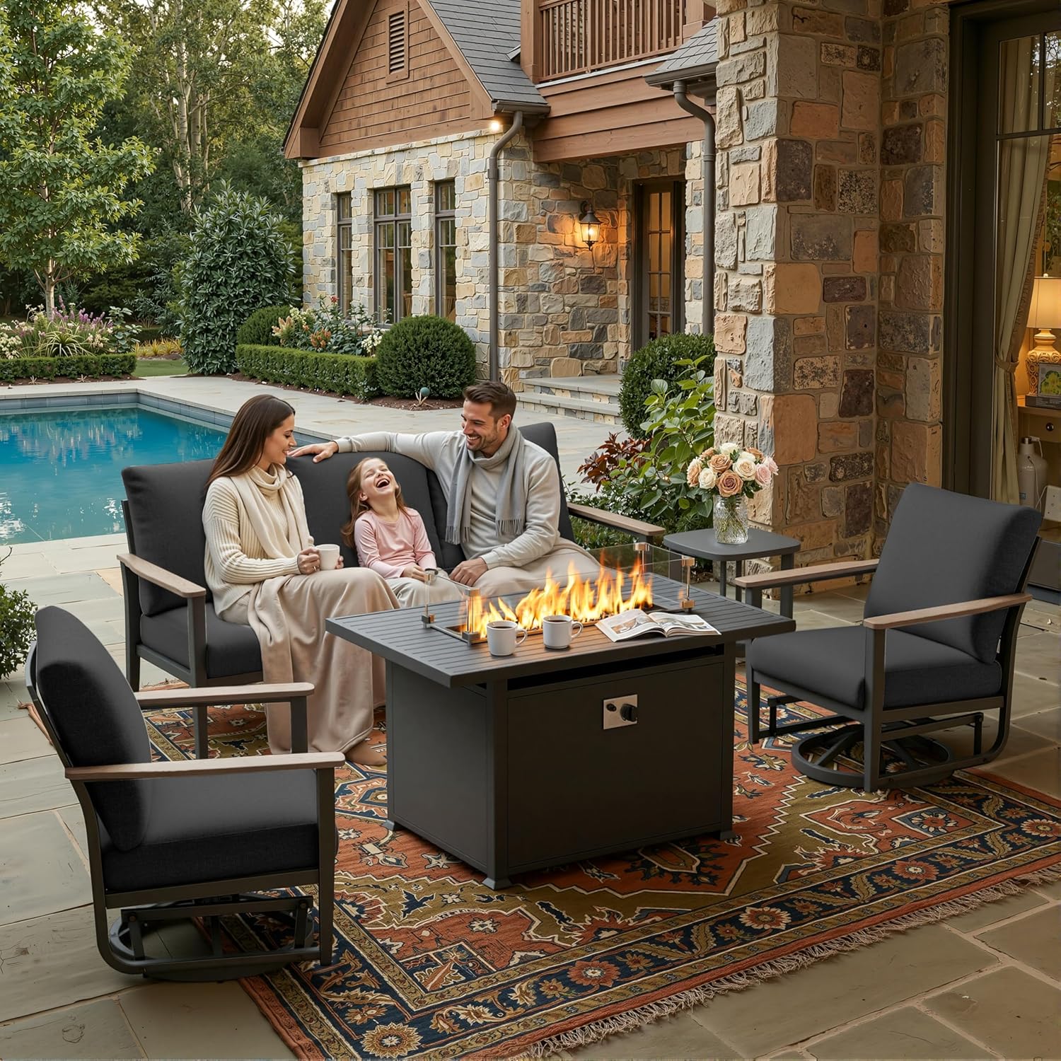 5pc Aluminum Patio Set Swivel  - đánh giá và giá Outdoor Furniture Fire Pit Set